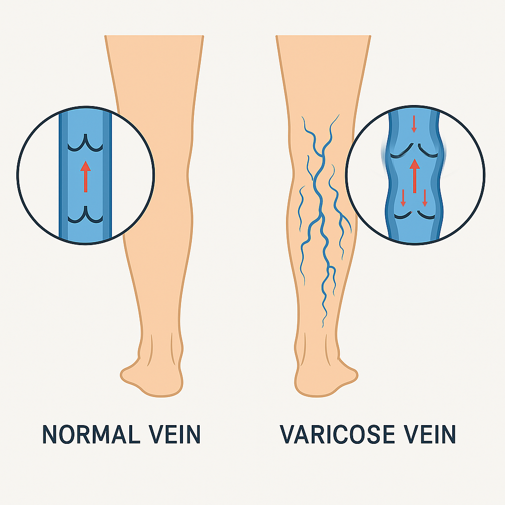 Perbandingan pembuluh darah normal dan varises yang menunjukkan katup vena yang tidak berfungsi dan aliran darah berbalik di kaki.