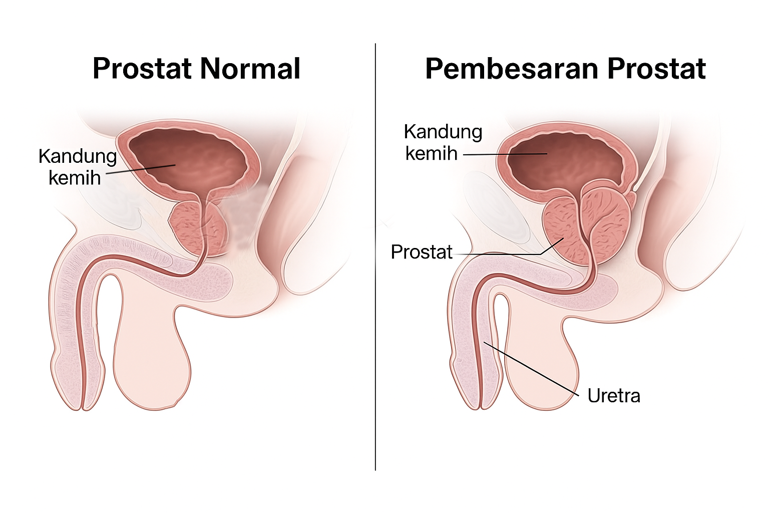 Perbandingan prostat normal dan pembesaran prostat yang menunjukkan tekanan pada uretra dan kandung kemih.
