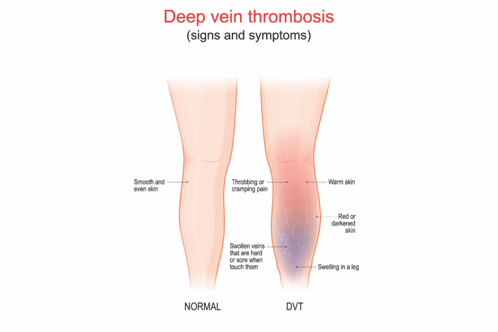 Ilustrasi gejala deep vein thrombosis yang menunjukkan pembengkakan, kemerahan, dan nyeri pada kaki dibandingkan kondisi normal.